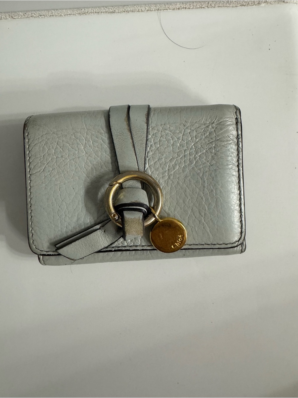 Chloe Light Gray Pebbled Leather Wallet with Gold Ring Charm